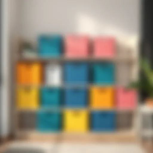 Stylish Organization with 9x9x9 Storage Bins Elegant arrangement of colorful storage bins on a minimalist shelf