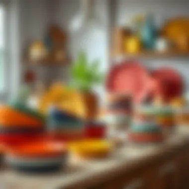 A cozy kitchen scene with brightly colored dishes arranged artistically on a countertop
