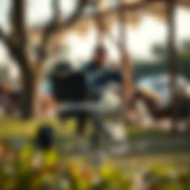 Practical Use of Portable Folding Barber Chair Outdoors A modern barber using a portable folding chair in an outdoor setting.