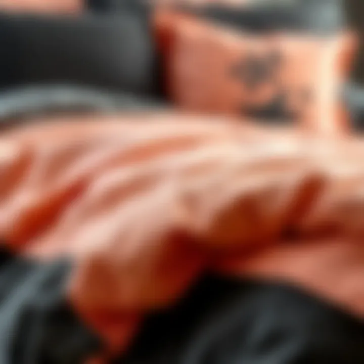 Quality Fabric Craftsmanship Close-up of fabric texture in black and peach comforter