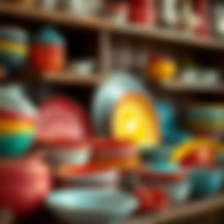 A vibrant collection of ceramic dishes in various colors displayed on a wooden shelf