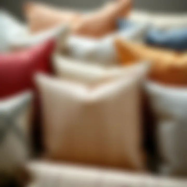 Close-up of various fabric textures of square pillows