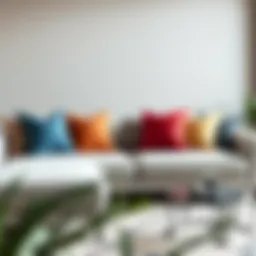 A stylish arrangement of square pillows on a modern sofa