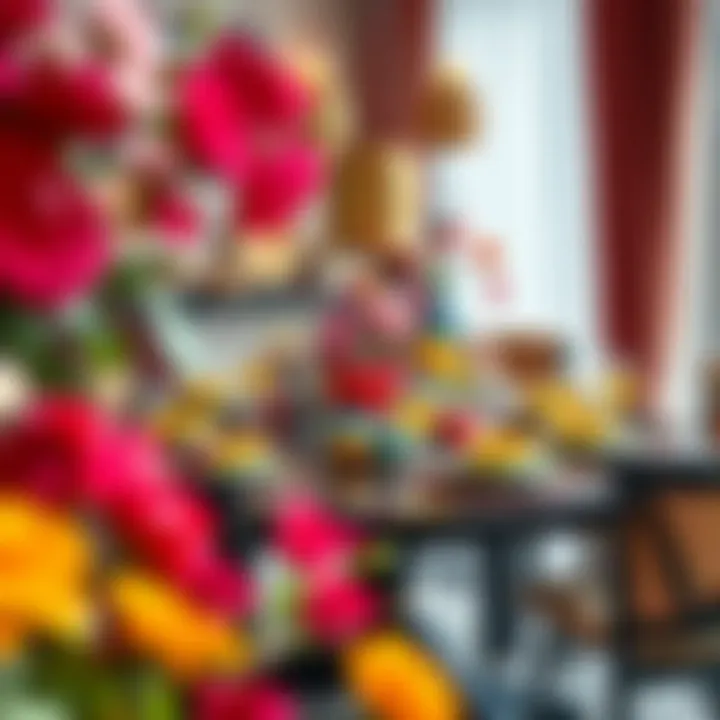 A beautifully set dining table featuring an array of colorful tableware amidst floral arrangements