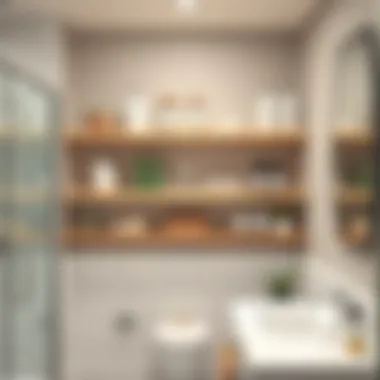 Open shelving displaying neatly organized bathroom essentials