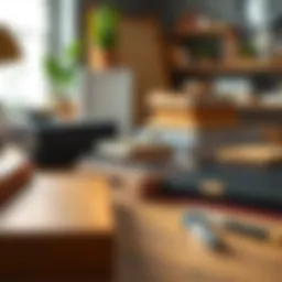 A collection of desk materials including wood, metal, and glass