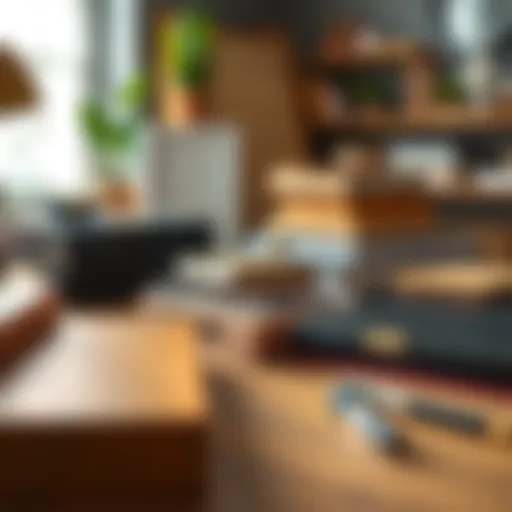 A collection of desk materials including wood, metal, and glass