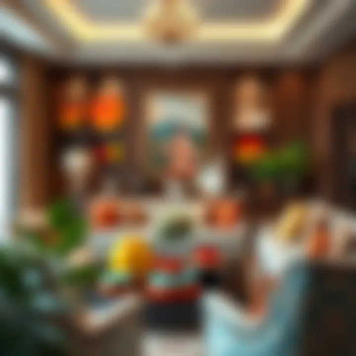 An elegant living space where colorful dishware complements the overall decor theme