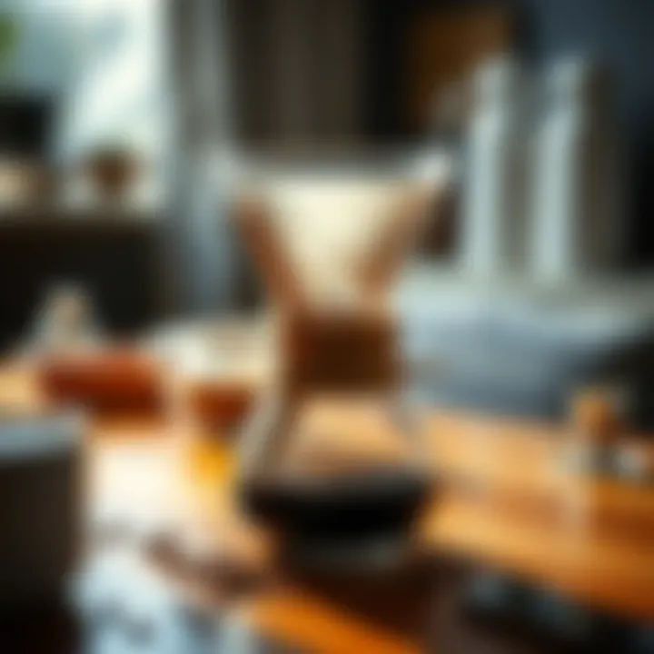 A sleek pour-over coffee brewer with coffee grounds