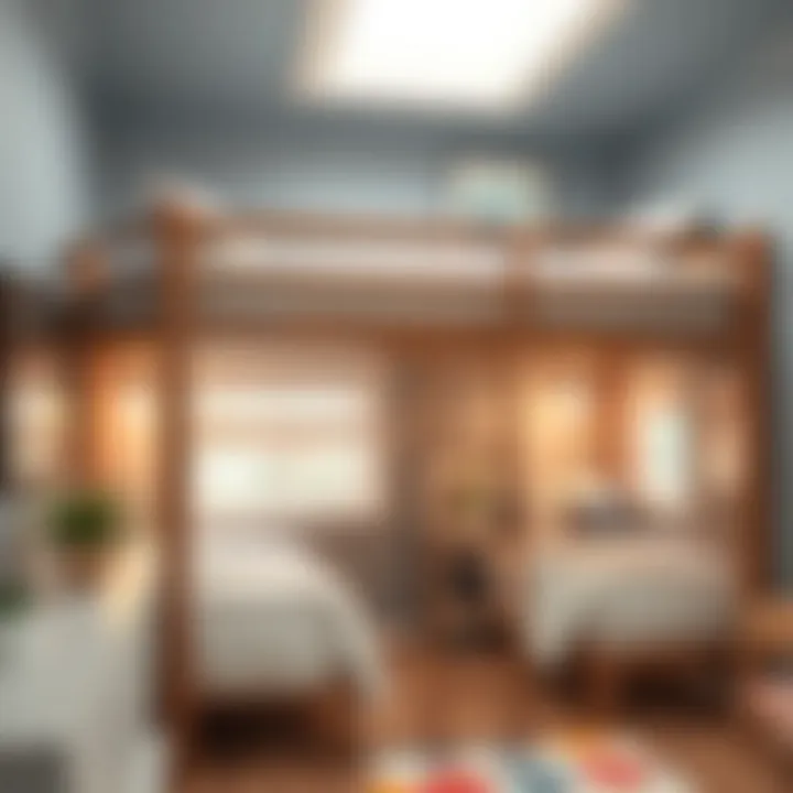 Cozy loft area above a triple bunk bed setup