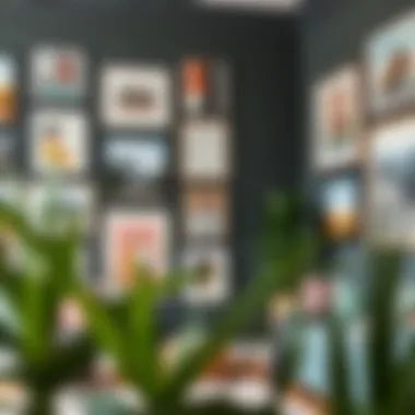 Eclectic arrangement of 40 x 40 art pieces in a gallery wall