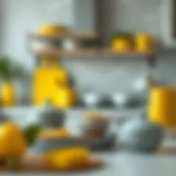 Stylish yellow and grey kitchen accessories arranged elegantly