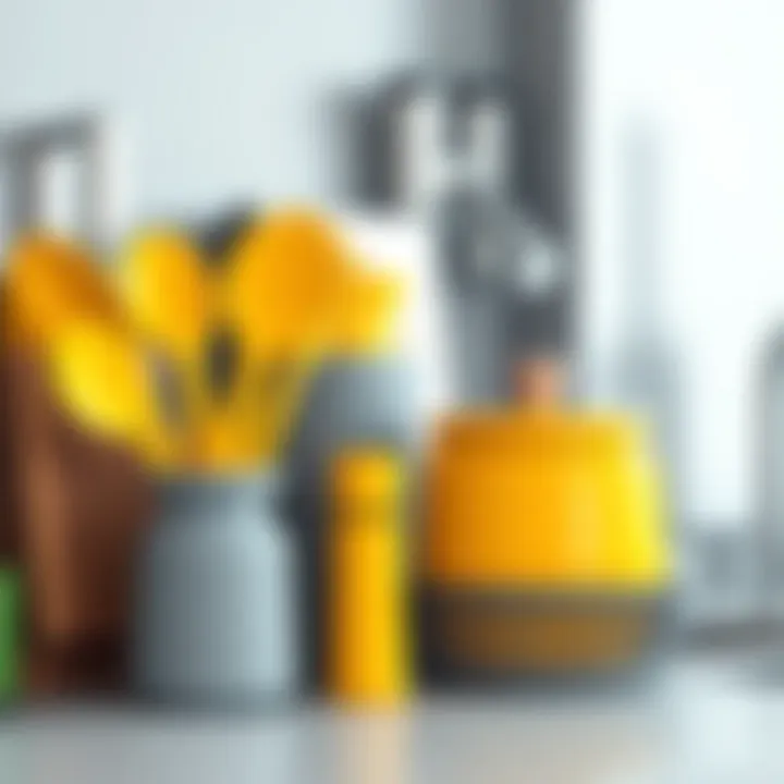 Vibrant Utensils and Sleek Storage Vibrant yellow utensils paired with sleek grey storage solutions
