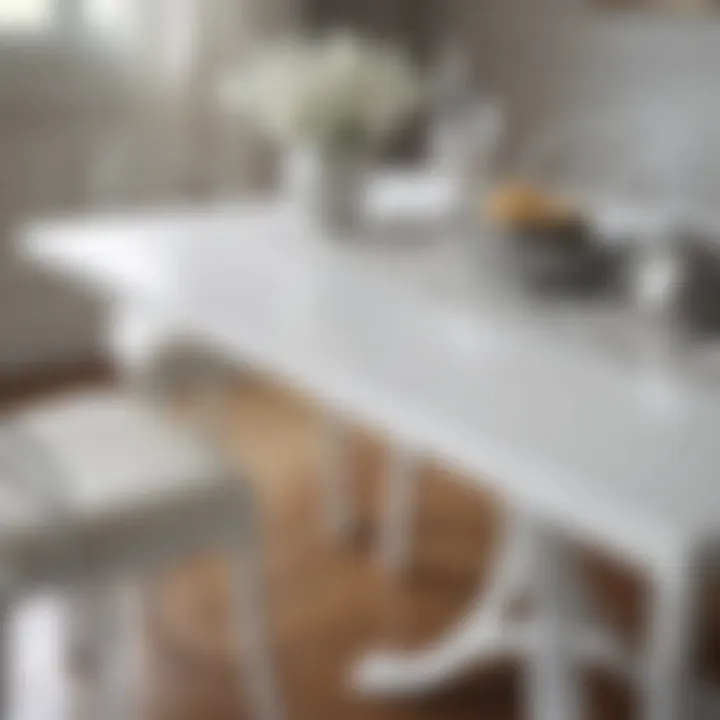 Close-up of stylish white and metal dining table details