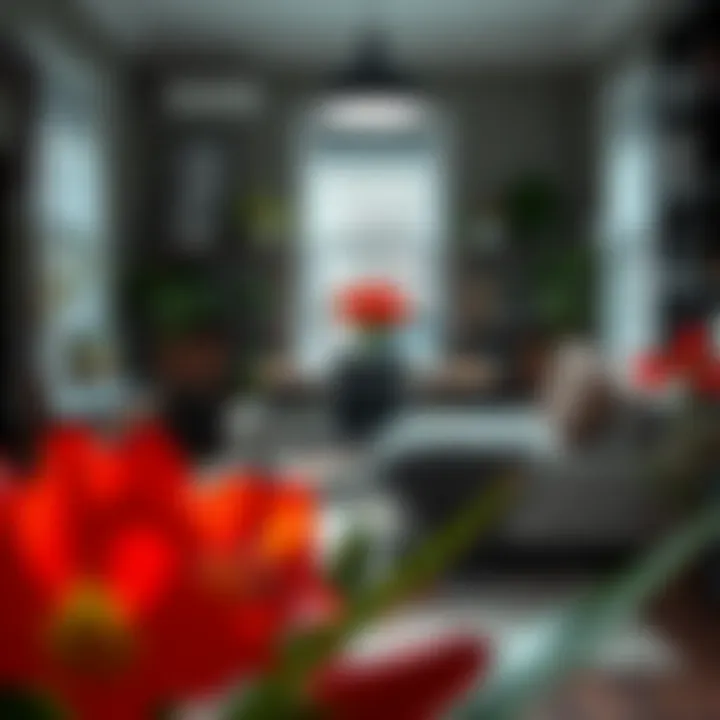 A cozy home office adorned with amaryllis fake flowers for a touch of nature.