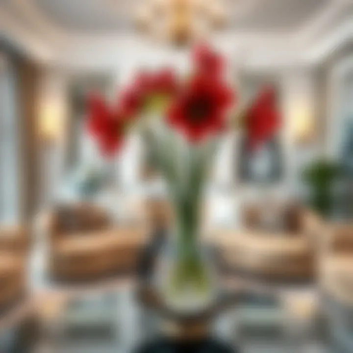An elegant living room featuring amaryllis fake flowers as a centerpiece.