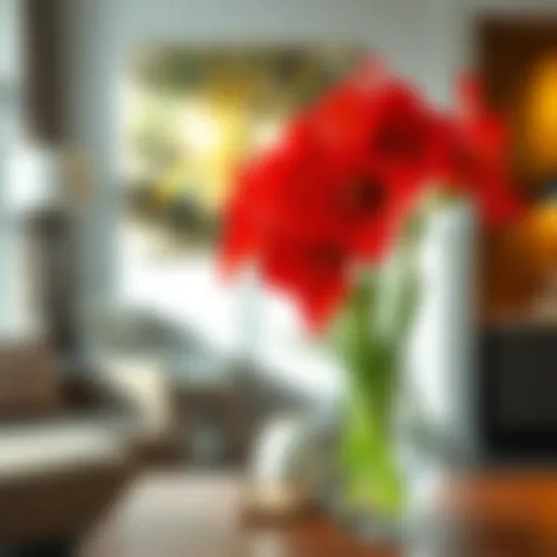 A stunning arrangement of vibrant amaryllis fake flowers in a modern vase.