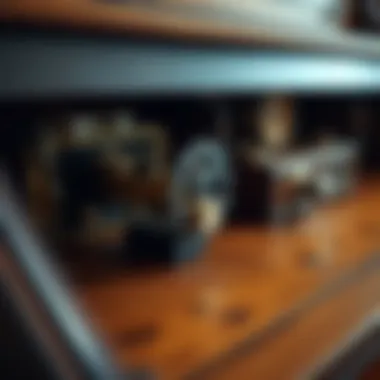 Close-up of the mechanism of a roll top desk