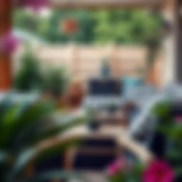 Cozy outdoor setting featuring black and white striped cushions on garden furniture
