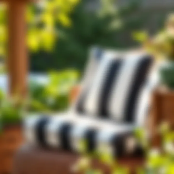 A well-maintained black and white striped outdoor seat cushion under natural sunlight