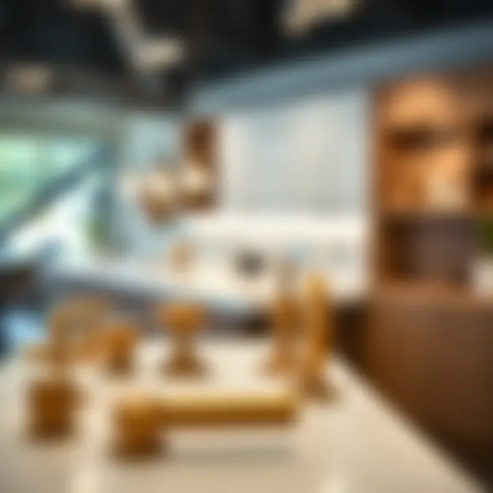 Diverse styles of champagne bronze handles displayed in a showroom