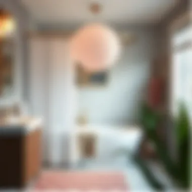 Trendy Bathroom with Curved Tension Shower Curtain Rod Trendy bathroom featuring a chic curved tension shower curtain rod