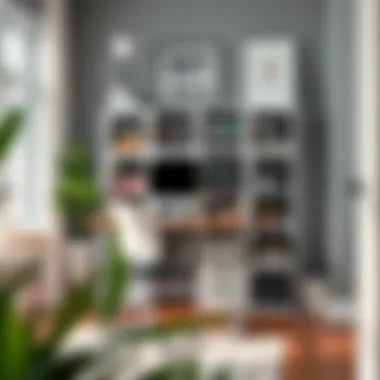 Elegant home office setup incorporating eleven by eleven cube storage bins for files and supplies.