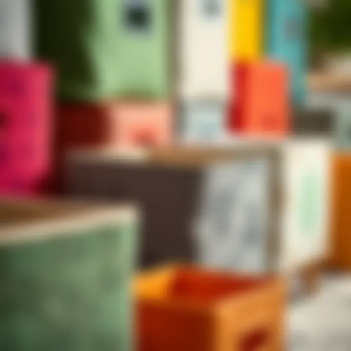 Close-up view of colorful cube storage bins showcasing various textures and patterns.