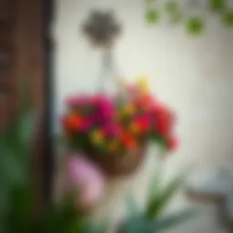 A beautiful hanging basket showcasing vibrant flowers against a rustic wall