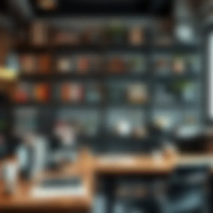 Heavy Metal Shelves in Modern Workspace Modern workspace showcasing heavy metal shelves with books and decor.