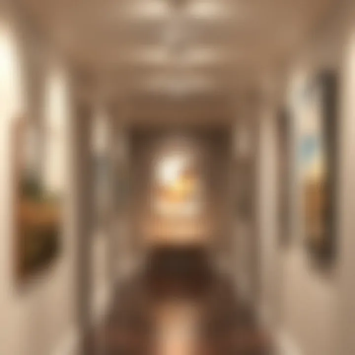 Track lighting showcasing art pieces in a gallery-style hallway