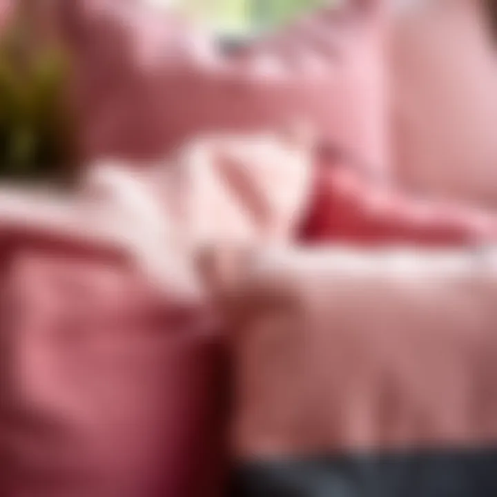 Close-up of textures and fabrics of mauve pink throw pillows