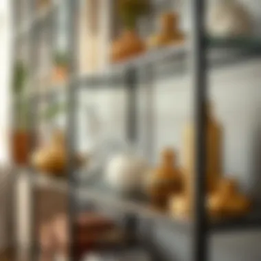 Showcasing Decorative Items on a Metal and Glass Shelf Close-up of a metal and glass shelf showcasing decorative items