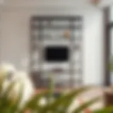 Stylish Metal and Glass Shelf Unit in Modern Interiors Elegant metal and glass shelf unit in a modern living room setting