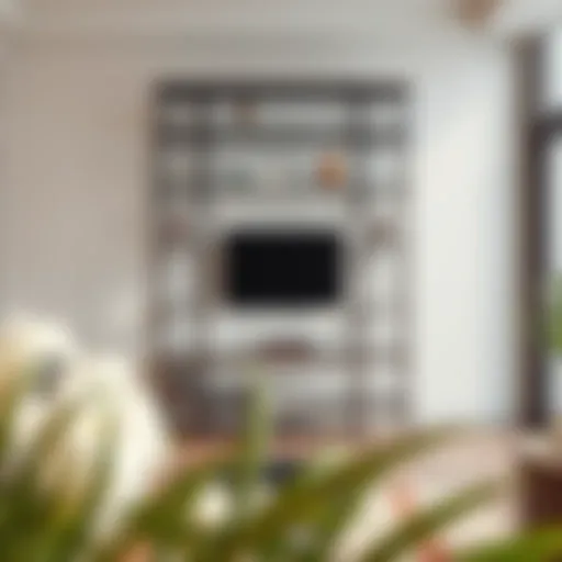 Stylish Metal and Glass Shelf Unit in Modern Interiors Elegant metal and glass shelf unit in a modern living room setting