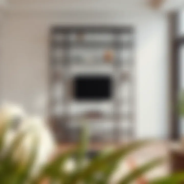 Stylish Metal and Glass Shelf Unit in Modern Interiors Elegant metal and glass shelf unit in a modern living room setting