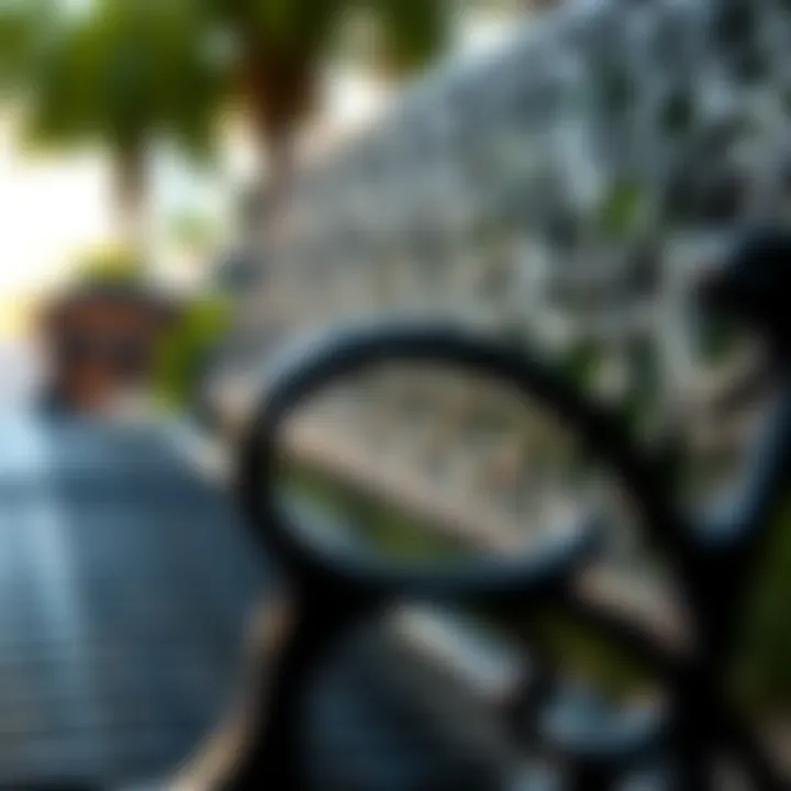 Close-up of the intricate design features of a metal bench