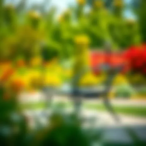 Elegant modern metal garden bench in a vibrant garden