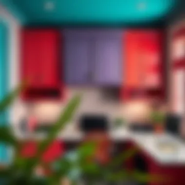 Vibrant Color Trends in Cabinetry Overhead wall cabinets with unique color combinations in a home office