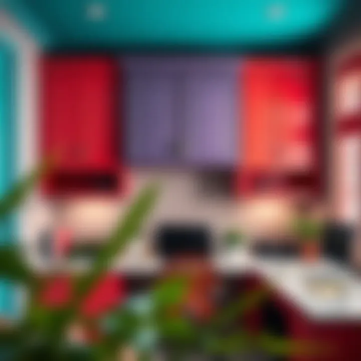 Vibrant Color Trends in Cabinetry Overhead wall cabinets with unique color combinations in a home office