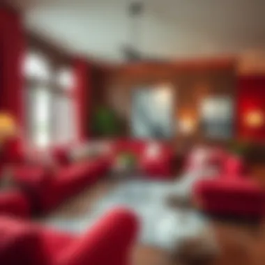 Cozy red sectional with chaise and contemporary decor