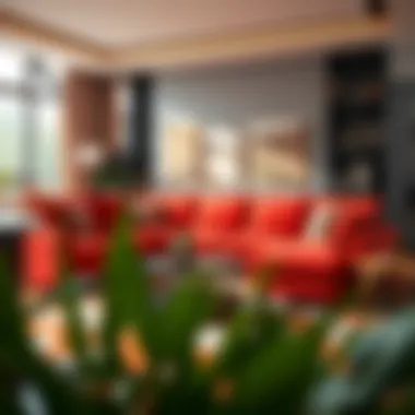 Luxurious red sectional with chaise in modern living room