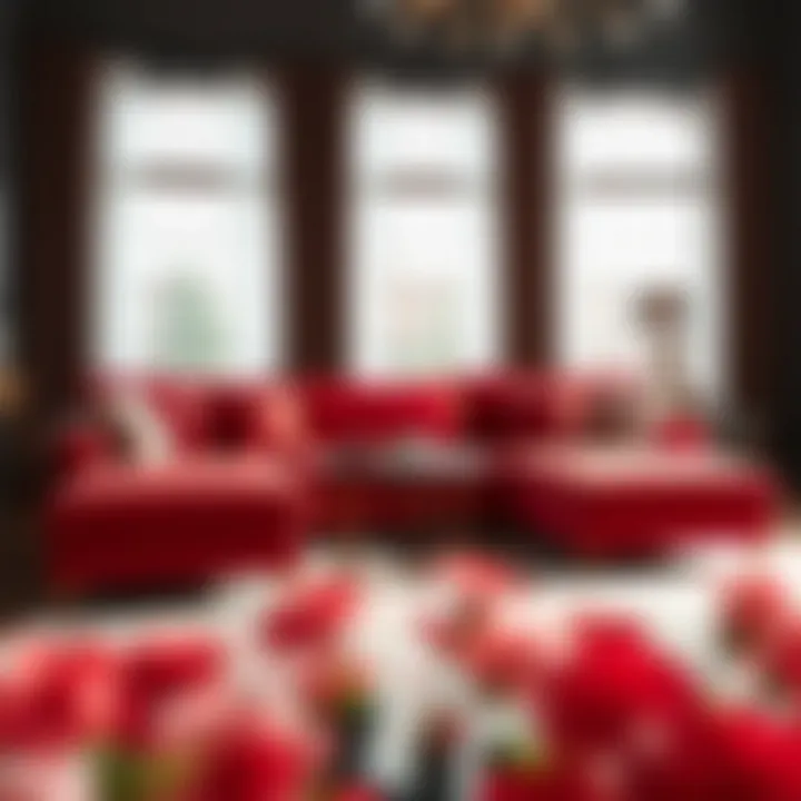 Stylish red sectional with chaise and decorative pillows