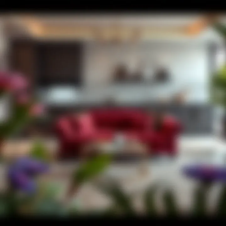Elegant small kitchen sofa surrounded by vibrant decor