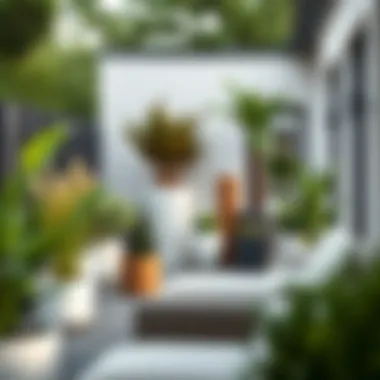 Contemporary garden featuring various tall planters