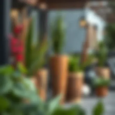 Close-up of materials used in tall outdoor containers