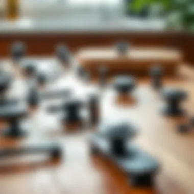 Variety of black drawer pulls displayed on a wooden table