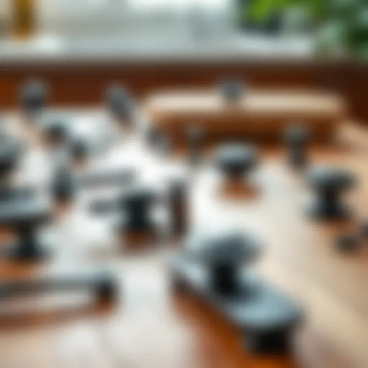 Variety of black drawer pulls displayed on a wooden table