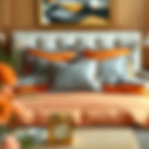A beautifully arranged orange and grey comforter set on a neatly made bed, showcasing its style and elegance.