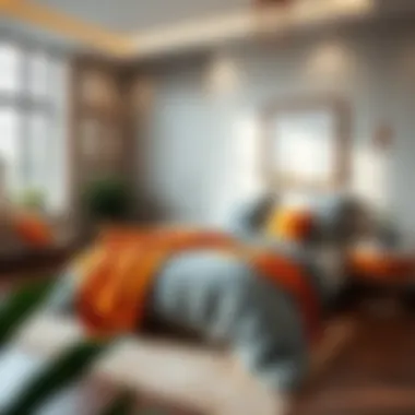 A modern bedroom featuring an orange and grey comforter set, illustrating the harmonious blend of colors in a contemporary setting.